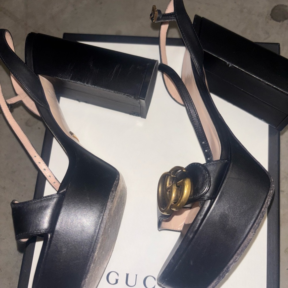Gucci marmont double g Black Leather Women's block heel Sandals 38 - Picture 2 of 7
